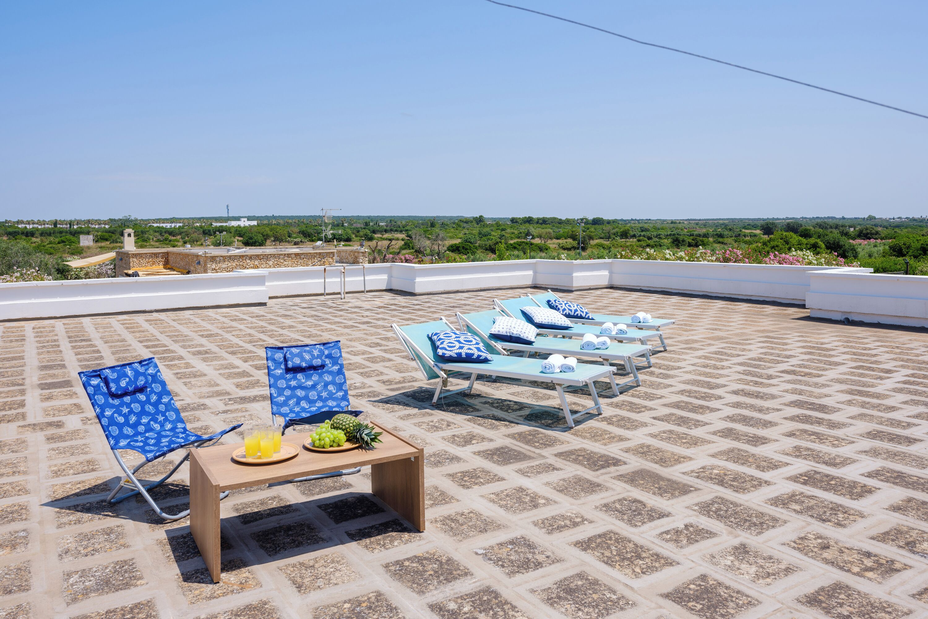 A rooftop terrace with lounge chairs, a table with fruit, and a view of the landscape.