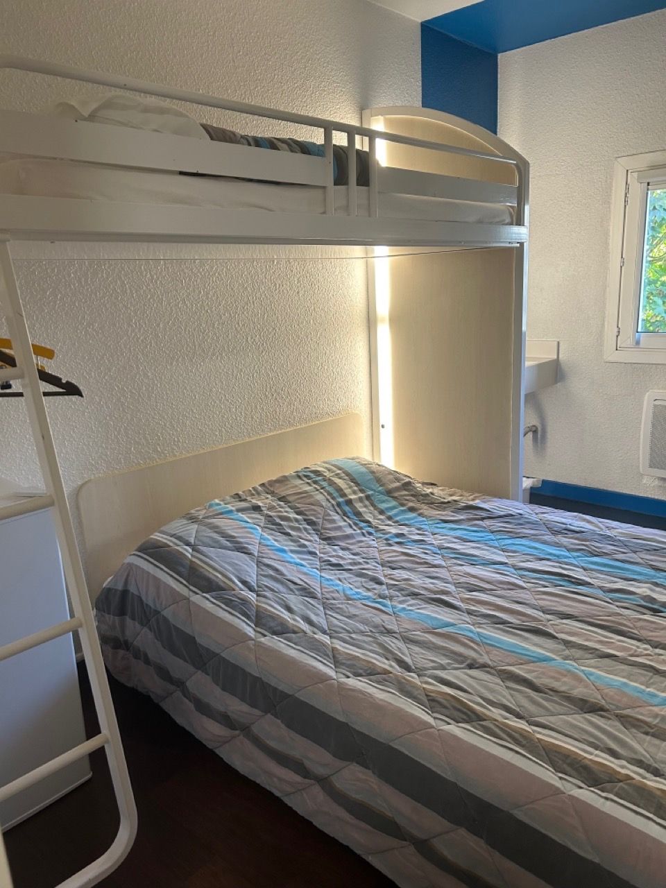 A bunk bed with a ladder, a window with a view of greenery, and a wall with a blue accent.