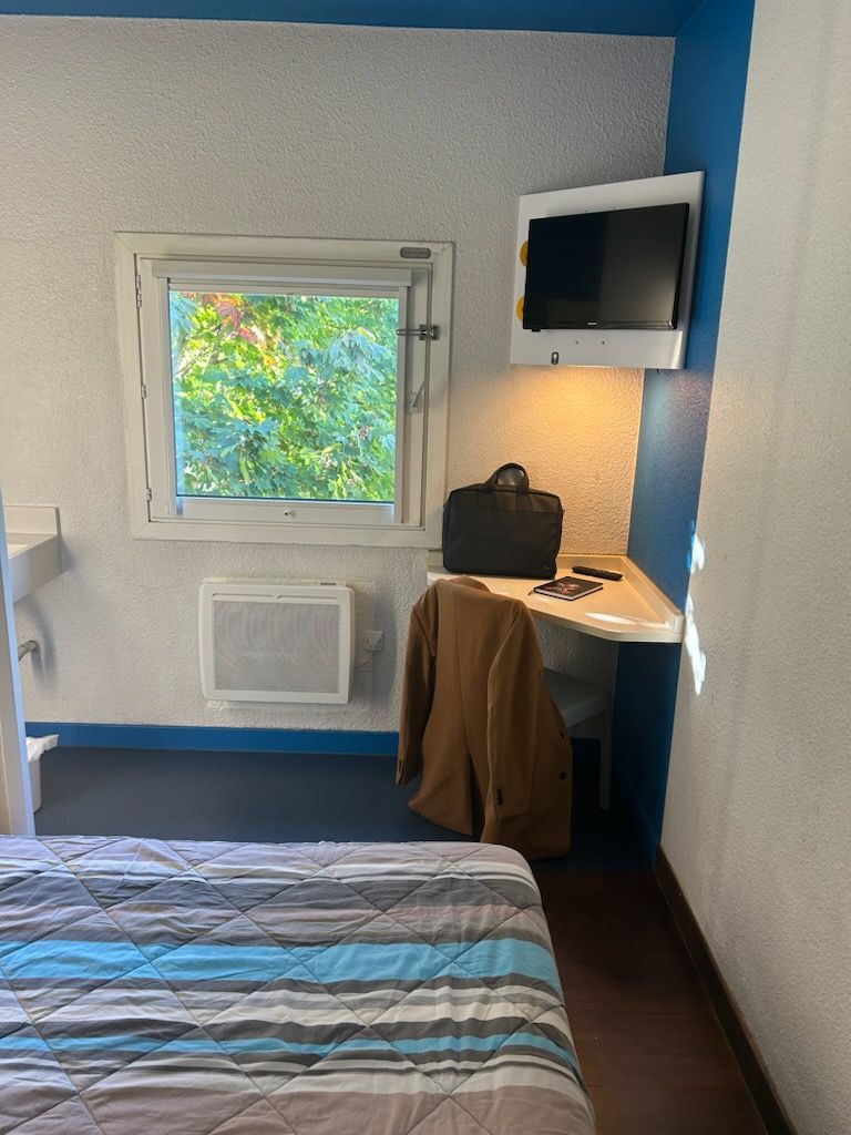 A hotel room with a bed, a window with a view of trees, a television mounted on the wall, and a small table with a bag and a remote control.