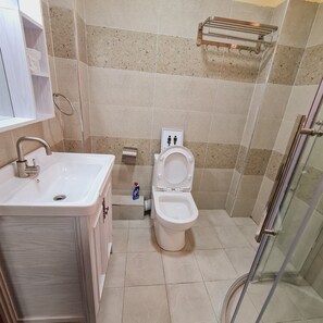 A bathroom with a sink, toilet, and shower area.