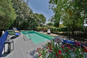 Piscina retangular com deck de madeira, rodeada por vegetação exuberante e árvores.