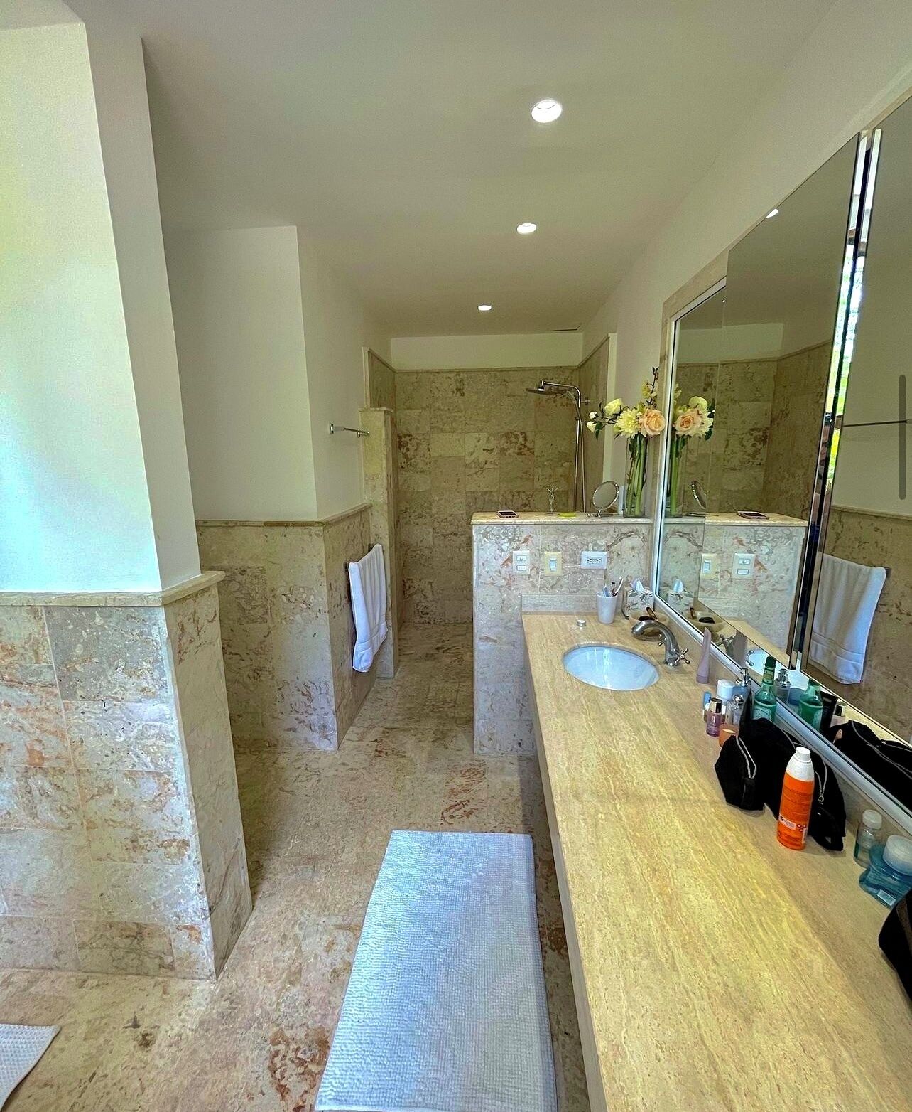 A modern bathroom with two sinks, a large mirror, and a shower area.