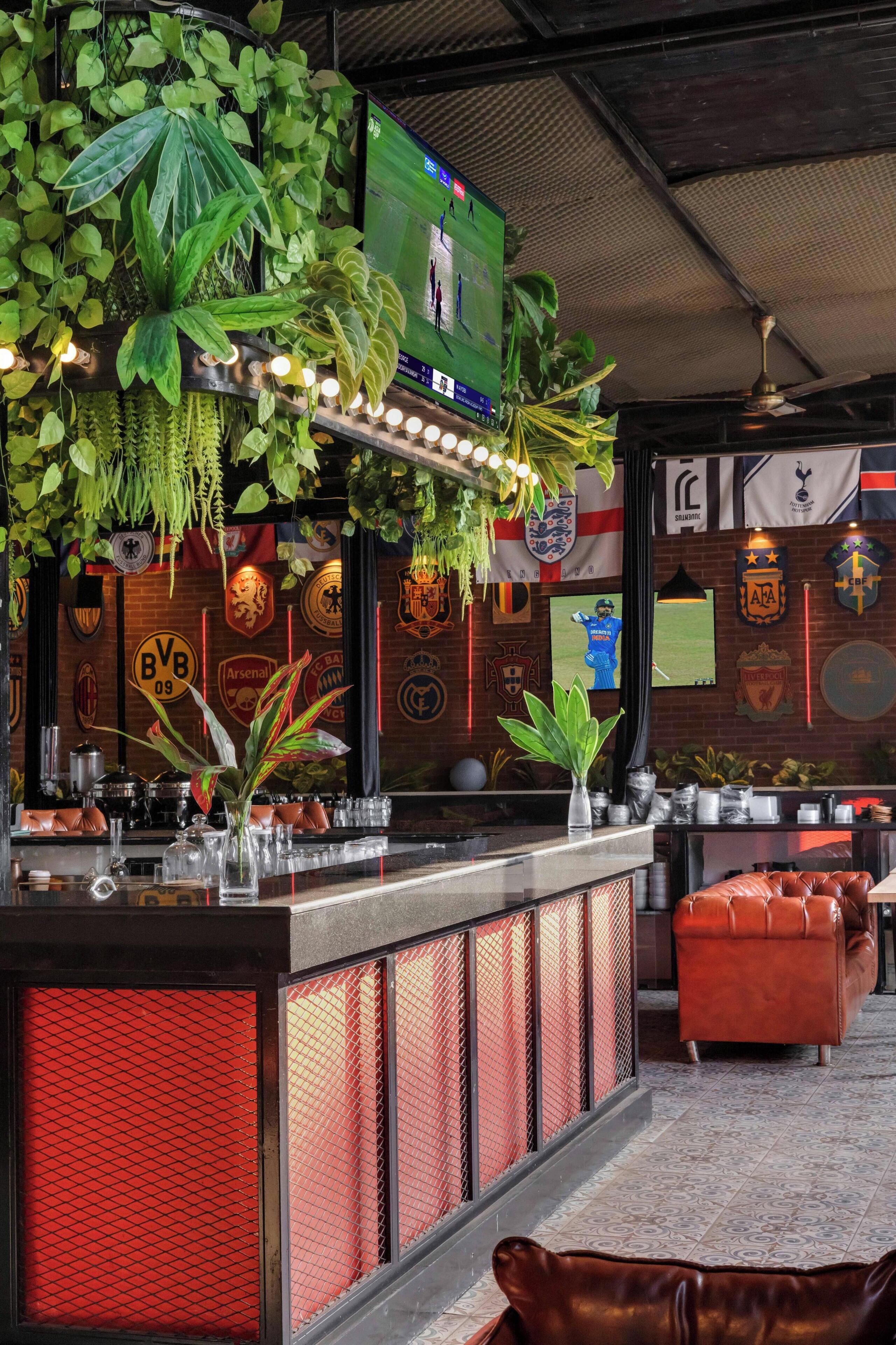A bar area with a counter, hanging plants, sports team logos, and a television screen.
