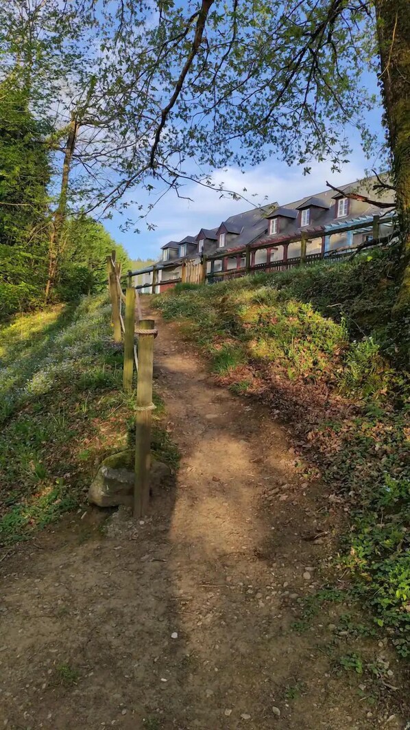 A dirt path leading to a row of houses with a wooden fence on one side.