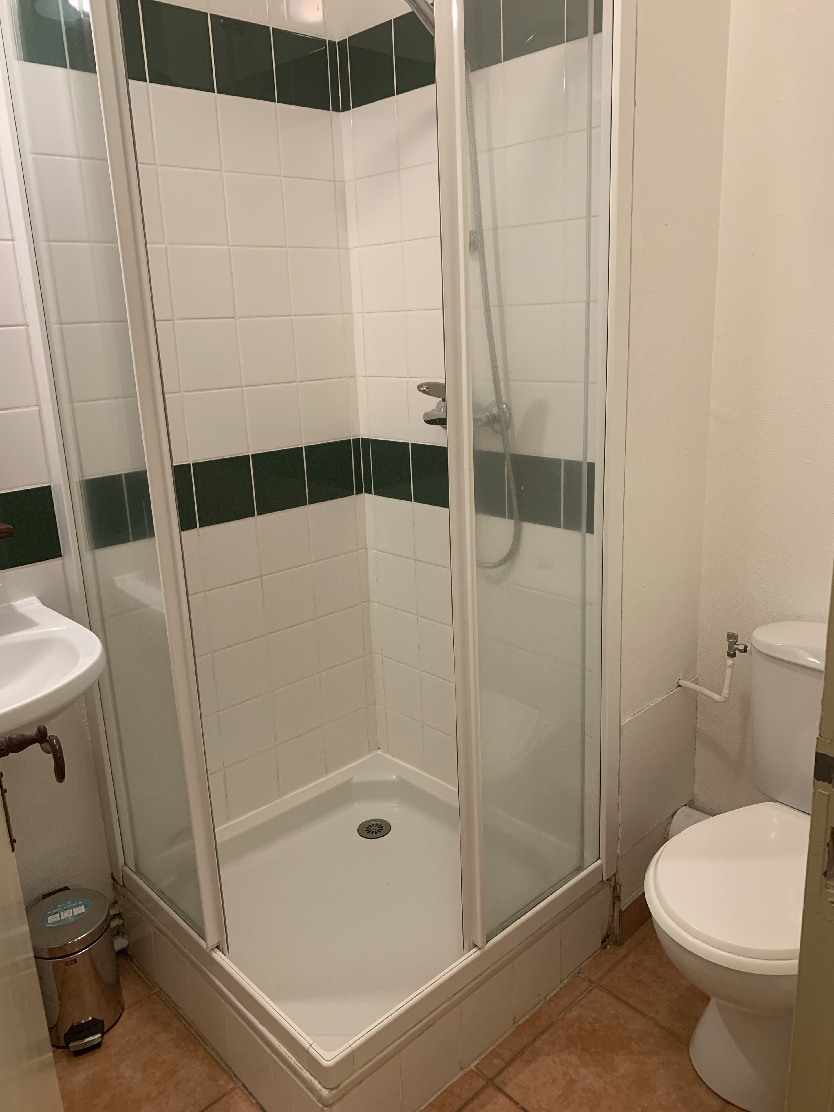Shower, hair dryer, soap, shampoo