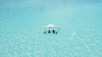 Ranta lähistöllä, valkoista hiekkaa, aurinkovarjoja, rantapyyhkeitä