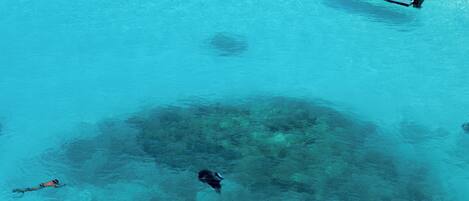 An aerial view of a clear turquoise sea with a boat and a diver.