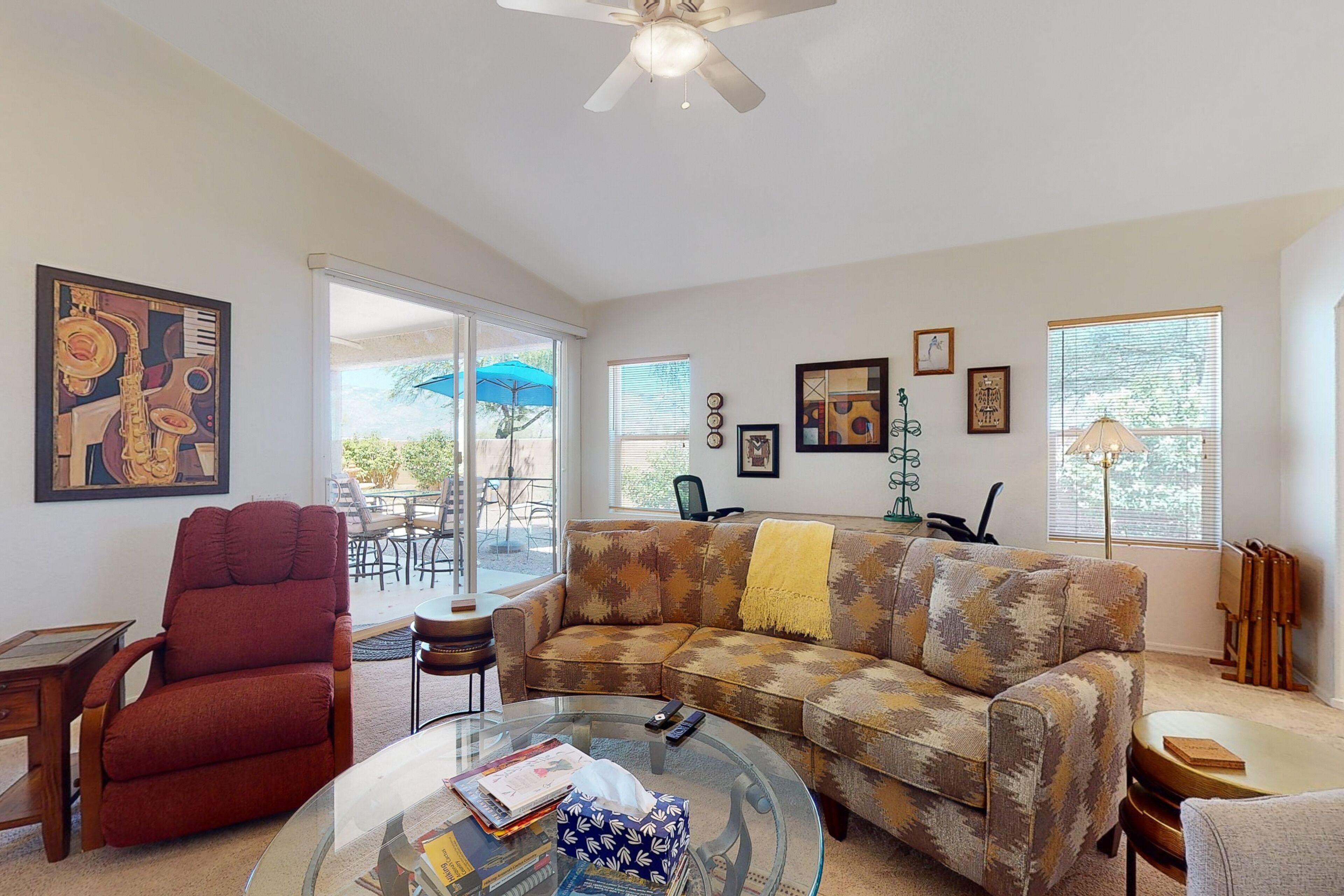Dog-friendly desert home with mountain views, enclosed yard, grill, W/D, and AC