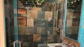 Shower, towels, toilet paper