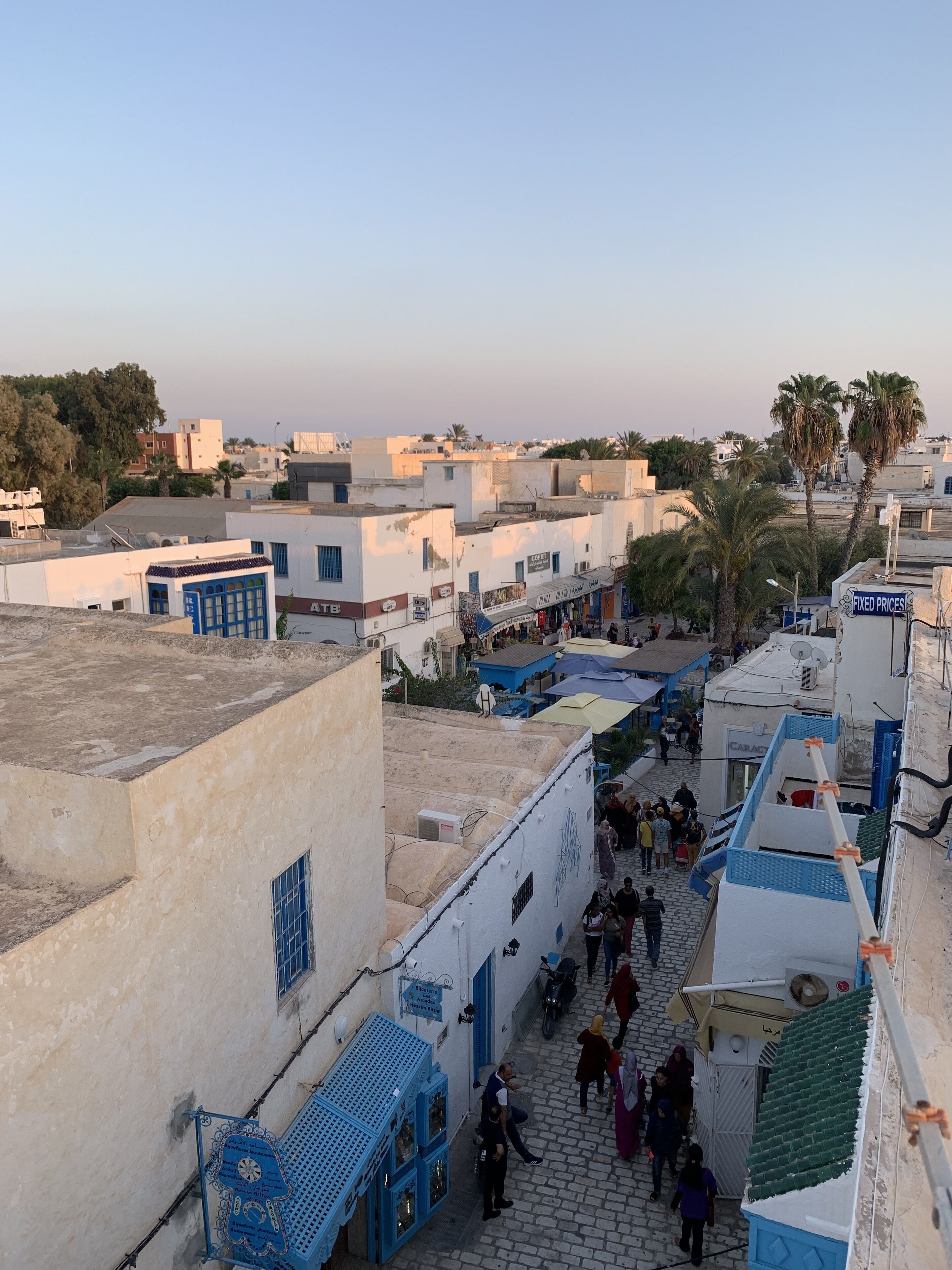 Una calle estrecha flanqueada por edificios, algunos con puertas y ventanas azules. Palmeras y un cielo despejado se distinguen al fondo.