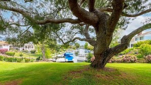 A large tree in a well-maintained grassy area with a view of a marina and houses in the background. - Serene Lake Retreat (Westlake Village)