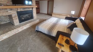Un dormitorio con chimenea, una cama, una mesita de noche y un televisor.