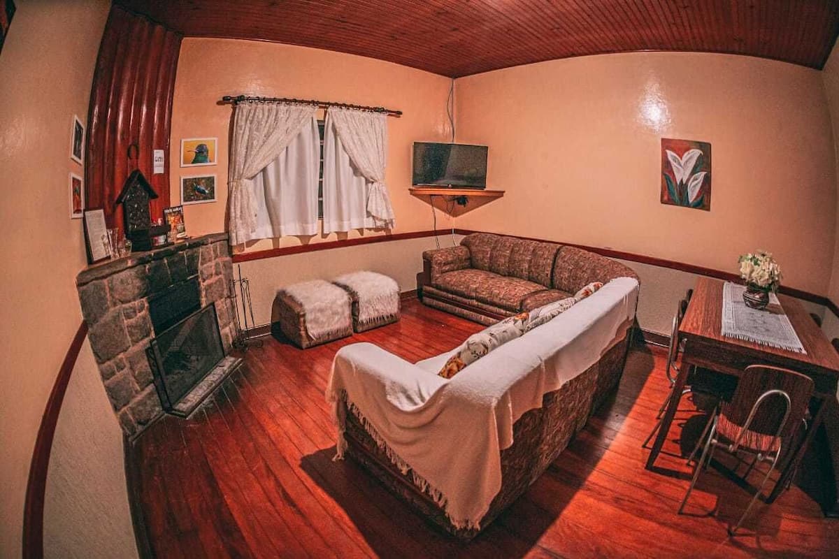 A cozy living room with a fireplace, a sofa, a dining table, and a TV mounted on the wall.