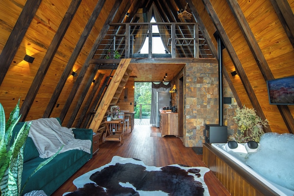 Deluxe Cabin, 1 Queen Bed, Lake View | Living area | Flat-screen TV, fireplace