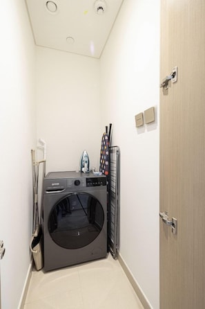 Stay Fresh with all your laundry essentials — washer/dryer, iron, and more