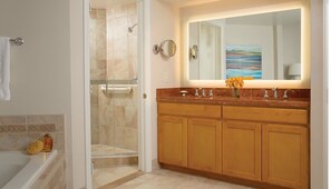Shower, jetted tub, hair dryer, towels
