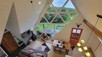 Smart TV, chimenea, libros y biblioteca musical