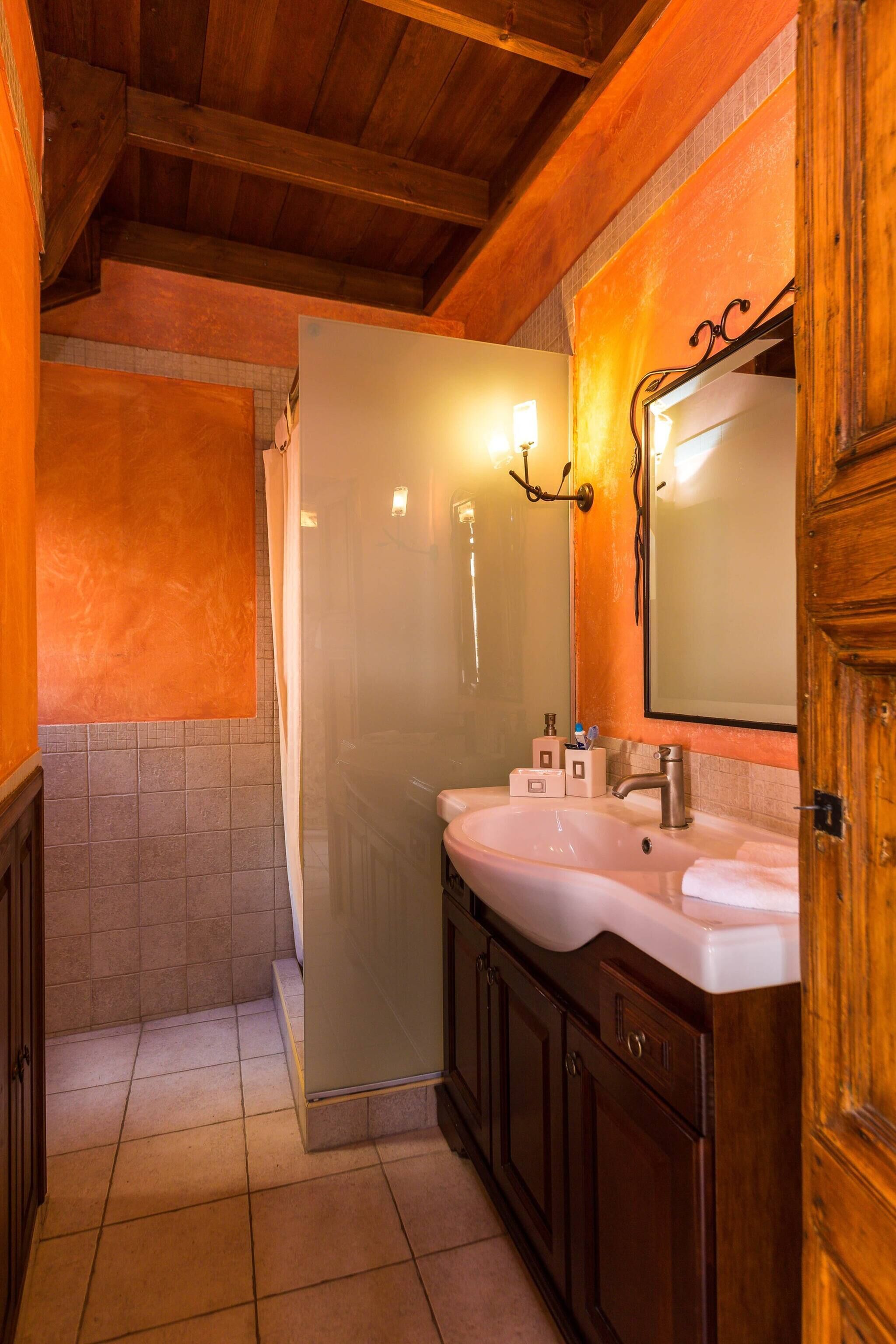 A bathroom with a shower, a sink, and a mirror.