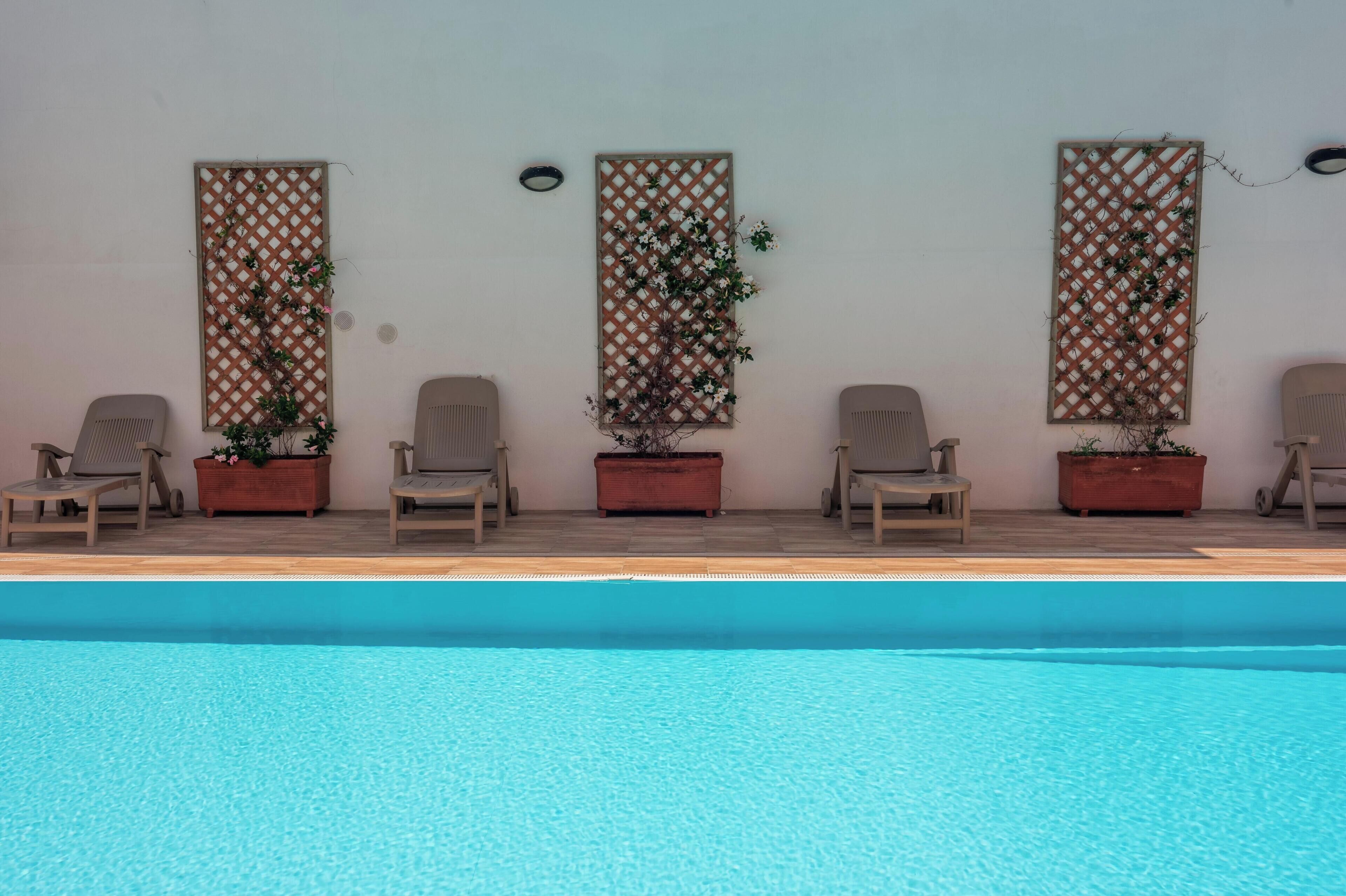 Un área junto a la piscina con cuatro sillas de descanso y plantas en macetas, frente a una pared blanca.