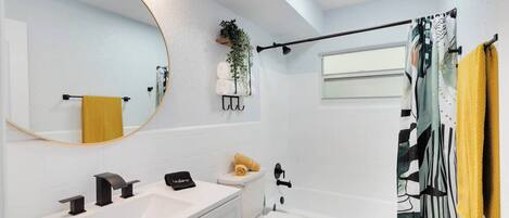 Shower, eco-friendly toiletries, hair dryer