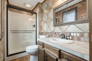 A bathroom with a glass shower enclosure, a toilet, a sink with a mirror above it, and wooden cabinetry. - Amazing views, hot tub/outdoor fireplace, countryside, farm (Navarre)