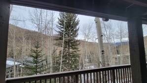 A wooden deck with a railing, overlooking a forested area with tall trees and a distant mountain range.