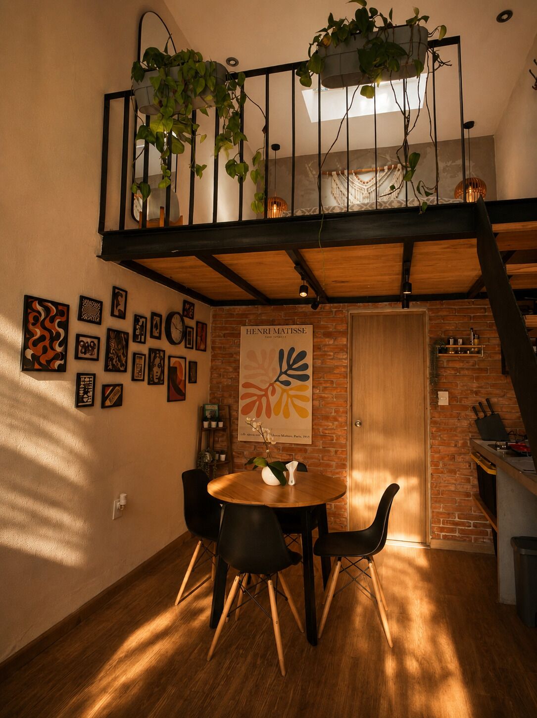 Un comedor con una mesa de madera, sillas negras, una planta colgante y un cartel en la pared.