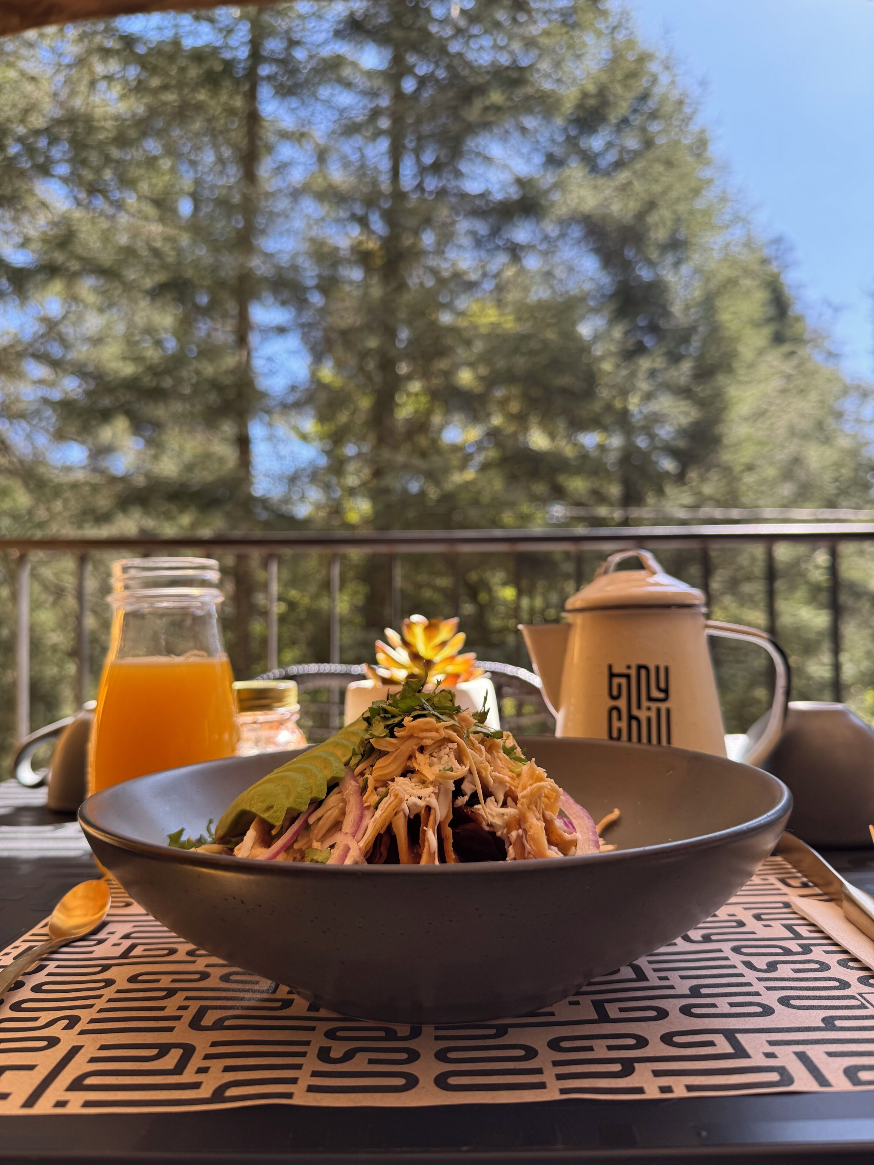 A bowl of food on a table with a metal railing and trees in the background.