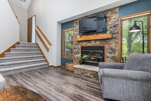 TV, fireplace, DVD player, books