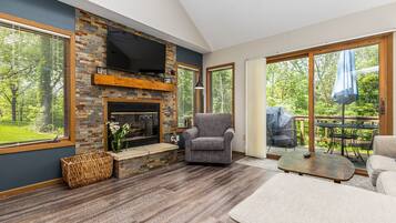 TV, fireplace, DVD player, books