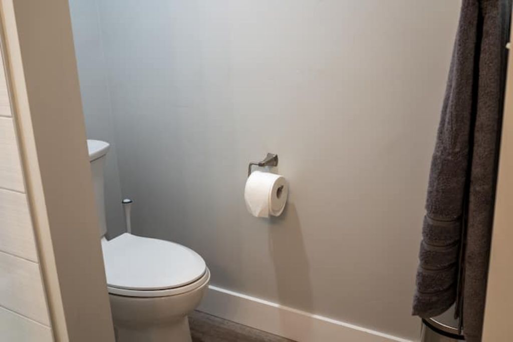 Ein Badezimmer mit Toilette, einem Handtuch an der Wand und einer Duschvorhang.