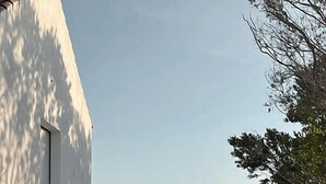 A modern building with a white facade, a large planter, and a pathway leading to a gate. - Amaria (Aljezur)