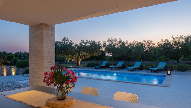 A poolside area with a table and chairs, a vase of flowers, and lounge chairs. - Villa Silentio with Jacuzzi and Pool (Mali Vareški)
