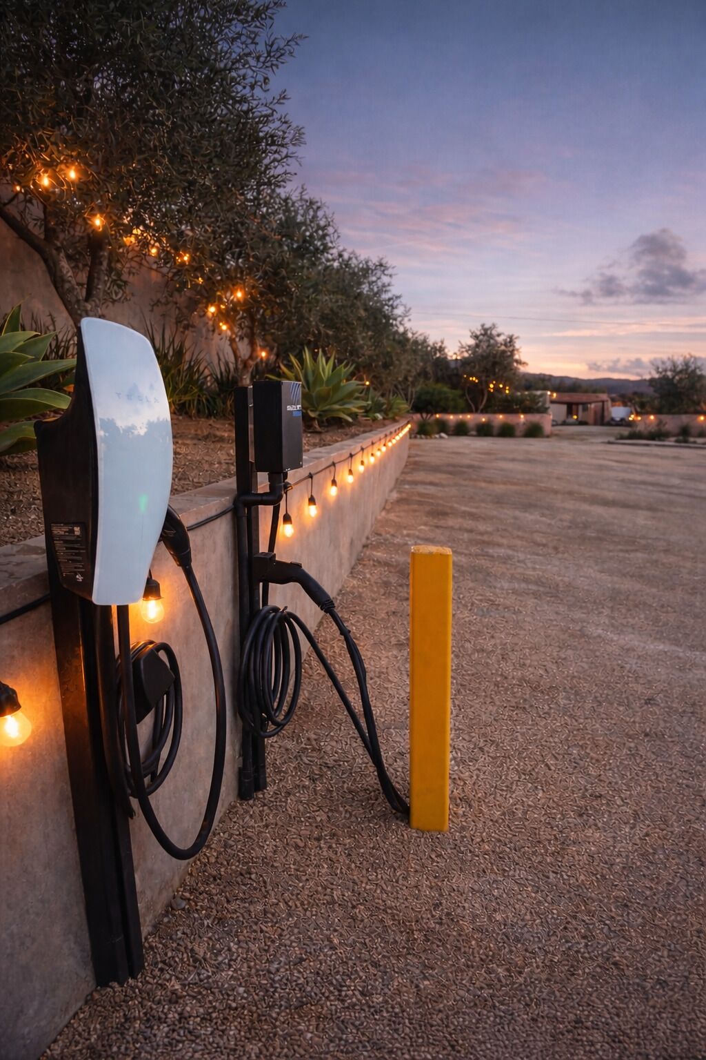 Een laadstation voor elektrische voertuigen buiten, met een betonnen muur en een gele paal.