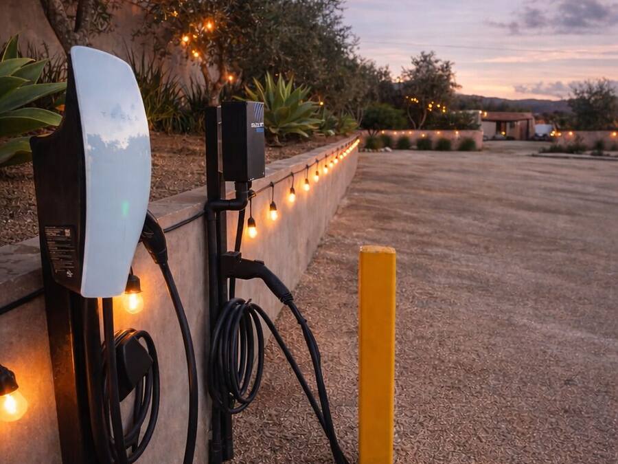 Een laadstation voor elektrische voertuigen buiten, met een betonnen muur en een gele paal.