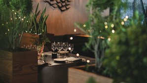A dining area with a wooden table set for a meal, hanging light fixtures, and potted plants.