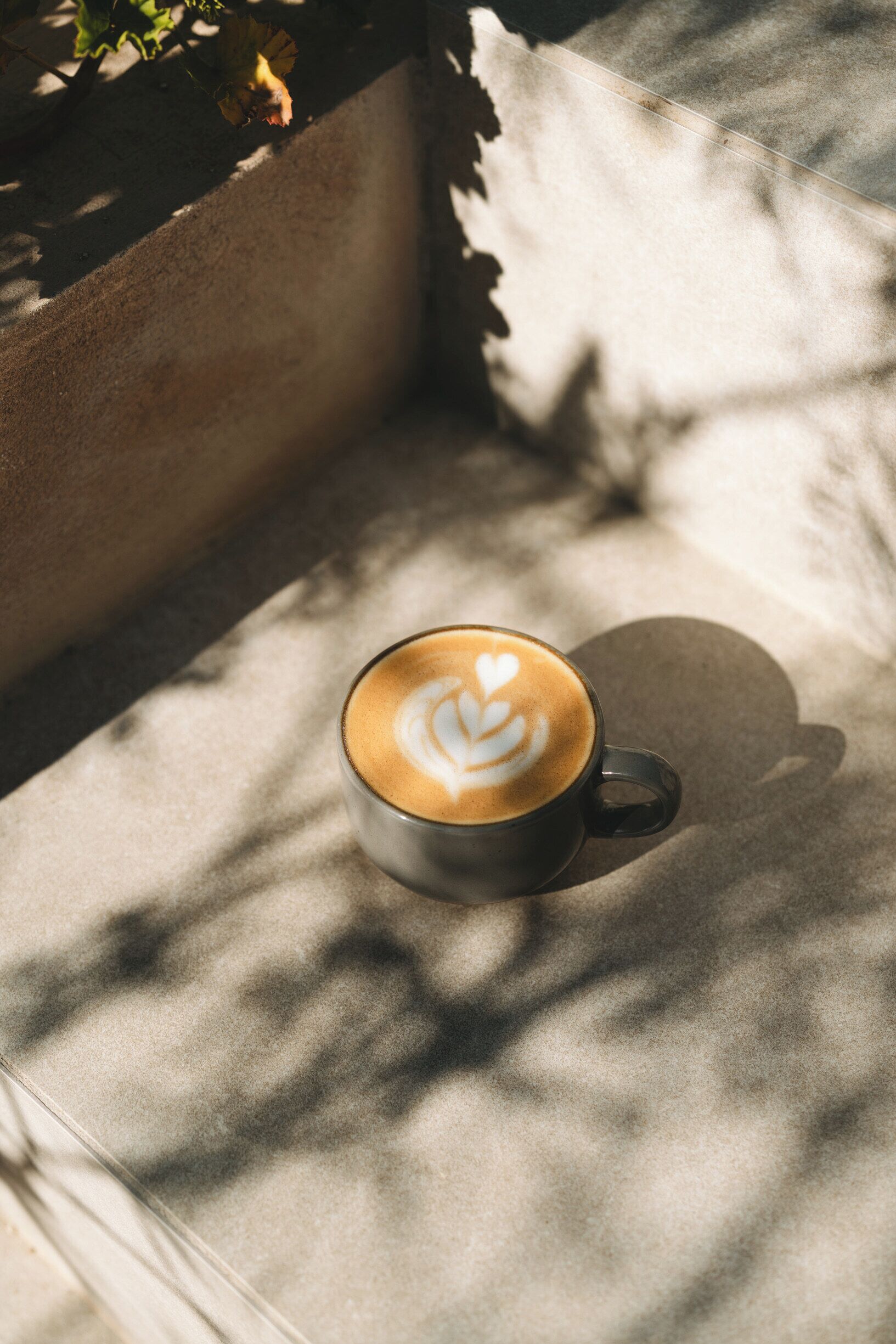 Una taza de café con arte de latte sobre una mesa en un área al aire libre con sombra.