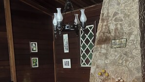 Una sala de estar acogedora con chimenea de piedra, paredes de madera y una zona de estar cómoda con cojines.