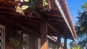 Un edificio de madera con un porche, plantas verdes colgando del techo y un patio con baldosas.
