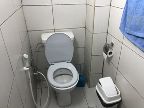 Bathroom features a toilet, bidet, and toilet paper holder.
