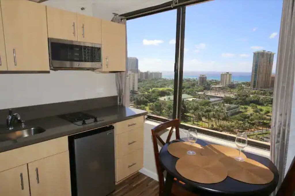 Fridge, microwave, stovetop, coffee/tea maker