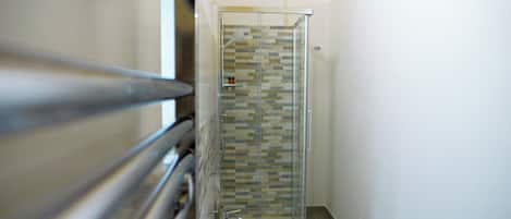 A narrow bathroom with a glass shower enclosure and a white sink.