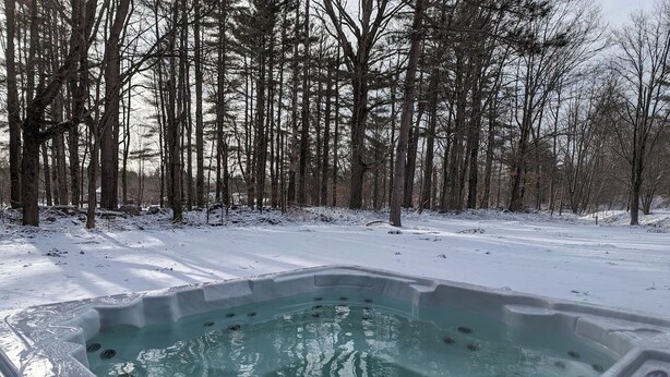 Un bain à remous entouré de terre recouverte de neige et d’arbres sans feuilles.