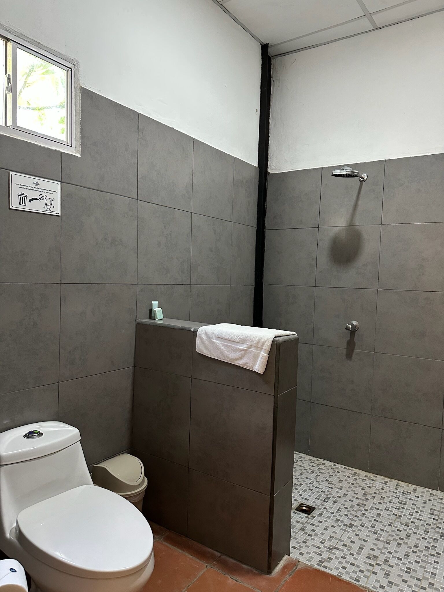 Une salle de bain comprenant des toilettes, un espace douche et un sol carrelé.
