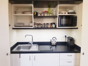 Kühlschrank, Mikrowelle, Herdplatte, Wasserkocher mit Kaffee-/Teezubehör