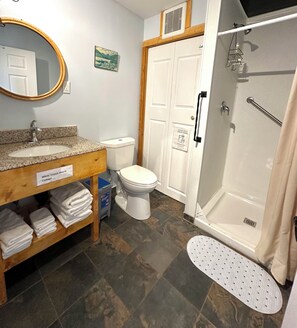 Shower, eco-friendly toiletries, hair dryer, towels