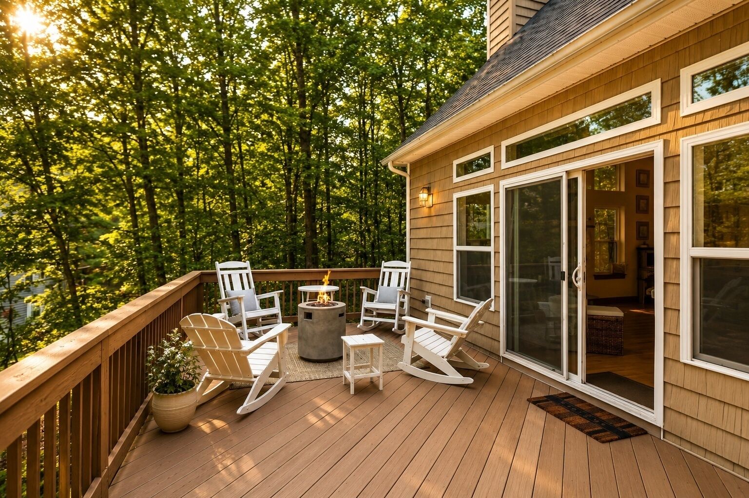 A wooden deck with outdoor furniture, a fire pit, and a sliding glass door leading to an interior space.