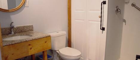 A bathroom with a sink, toilet, and shower.
