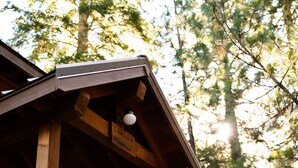 A wooden cabin with a porch and a sign reading 'Chinquapin Mountain.' - Chinquapin Mountain Cabin w/ Jacuzzi and Wood Stove at Green Springs Inn (Ashland)