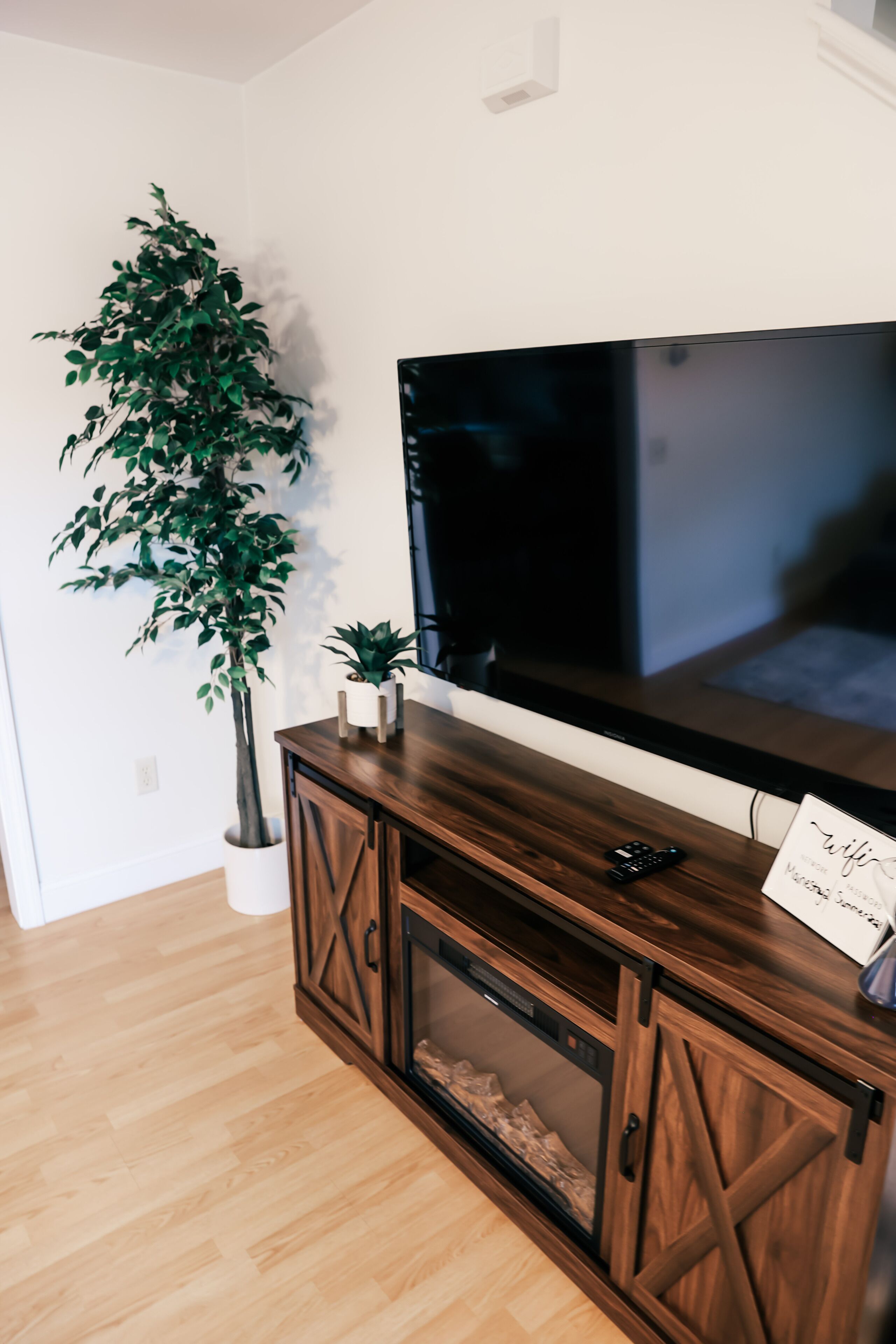 Un salon avec un meuble TV en bois, un grand téléviseur à écran plat, une plante en pot et un panneau indiquant « wifi ».